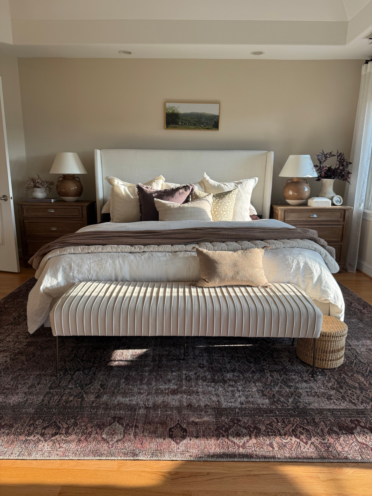 Fall bedroom views! Added some rich warm tones to create a cozy bedroom retreat. 

#bedroom #neutralhome #bedding #wayfairfinds #wayfairhome #wayfair #onequince #bench #nightstand #modernhome #transitionalhome #upholsteredbed #throwpillow #bedblanket #potterybarn #vintage #neutralrug 

#LTKSaleAlert #LTKSeasonal #LTKHome