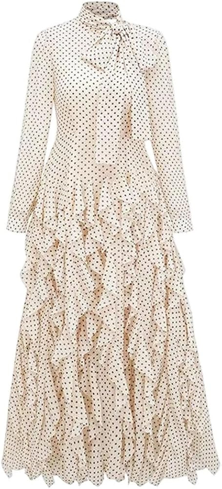 Women's Long Dresses Stand Collar Bow Slim Long Ruffles Ankle Length Polka Dot Dress | Amazon (US)