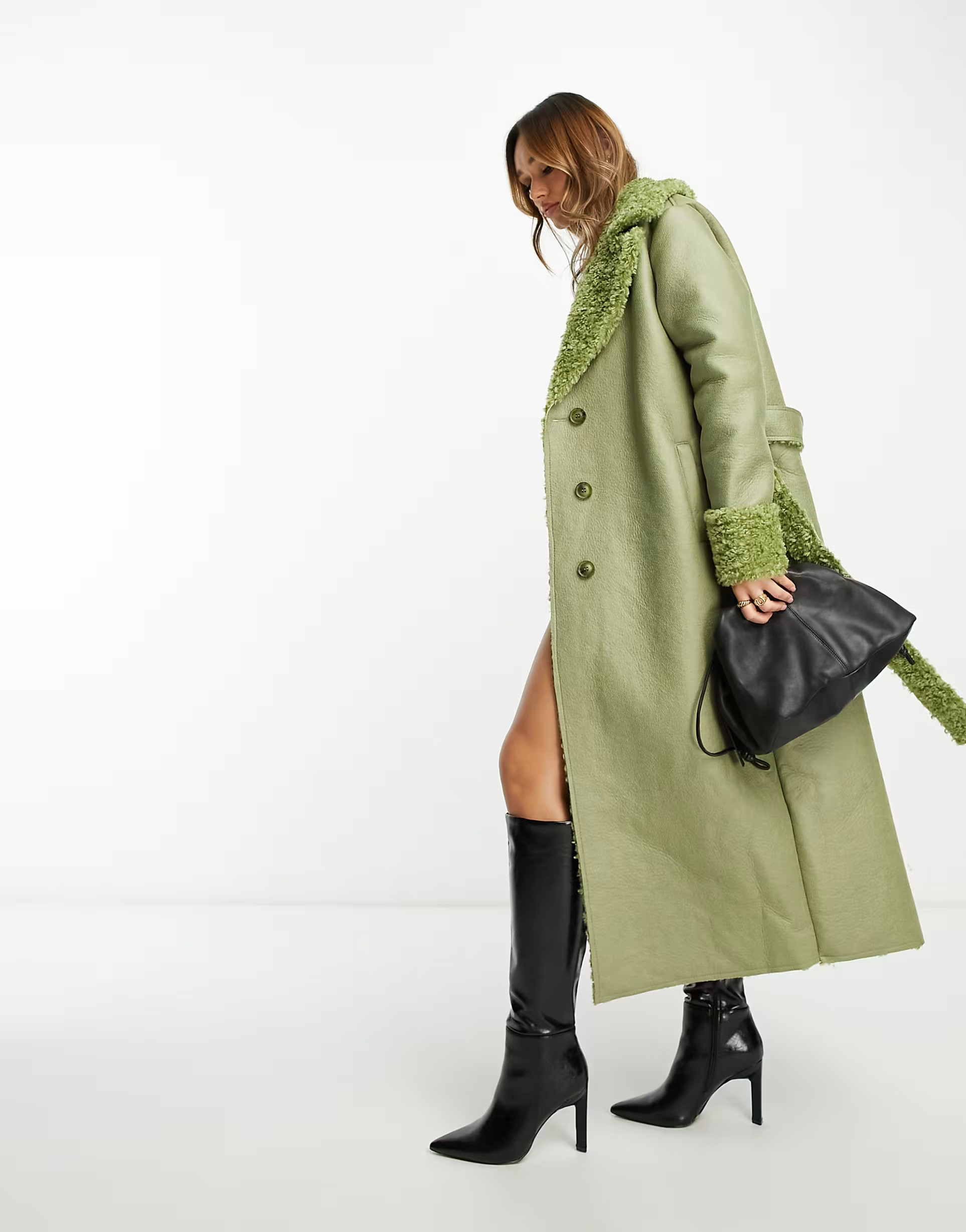 NA-KD x Moa Mattsson belted trench coat with faux fur in sage | ASOS (Global)