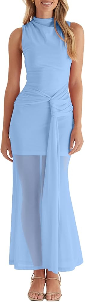 Owin Women’s Bodycon Long Maxi Dress Elegant Sleeveless Mock Neck Ruched Mesh Sheer Hem Cocktai... | Amazon (US)