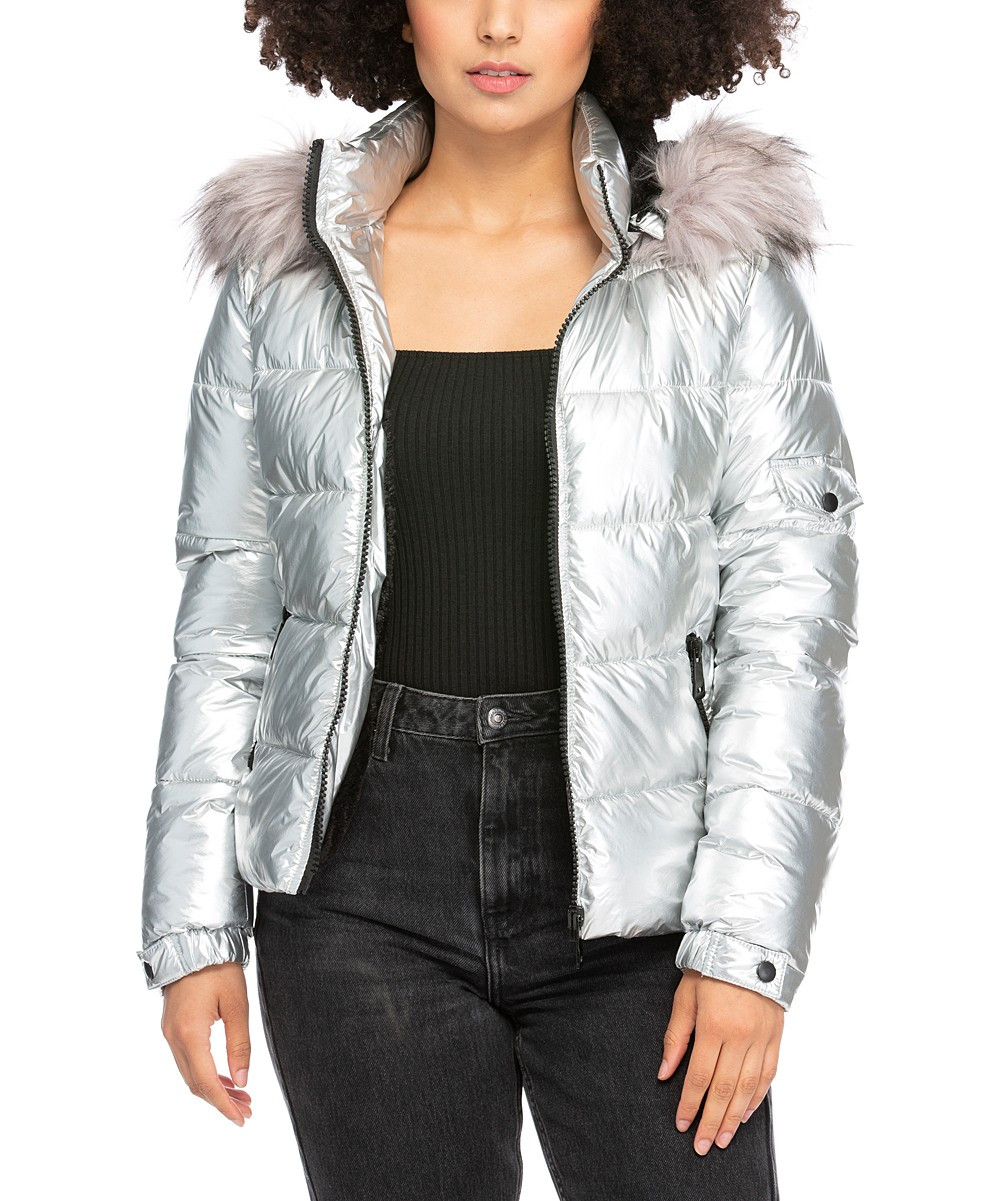 Coalition LA Women's Puffer Coats Silver - Silver Hooded Written in the Stars Puffer Coat - Women | Zulily