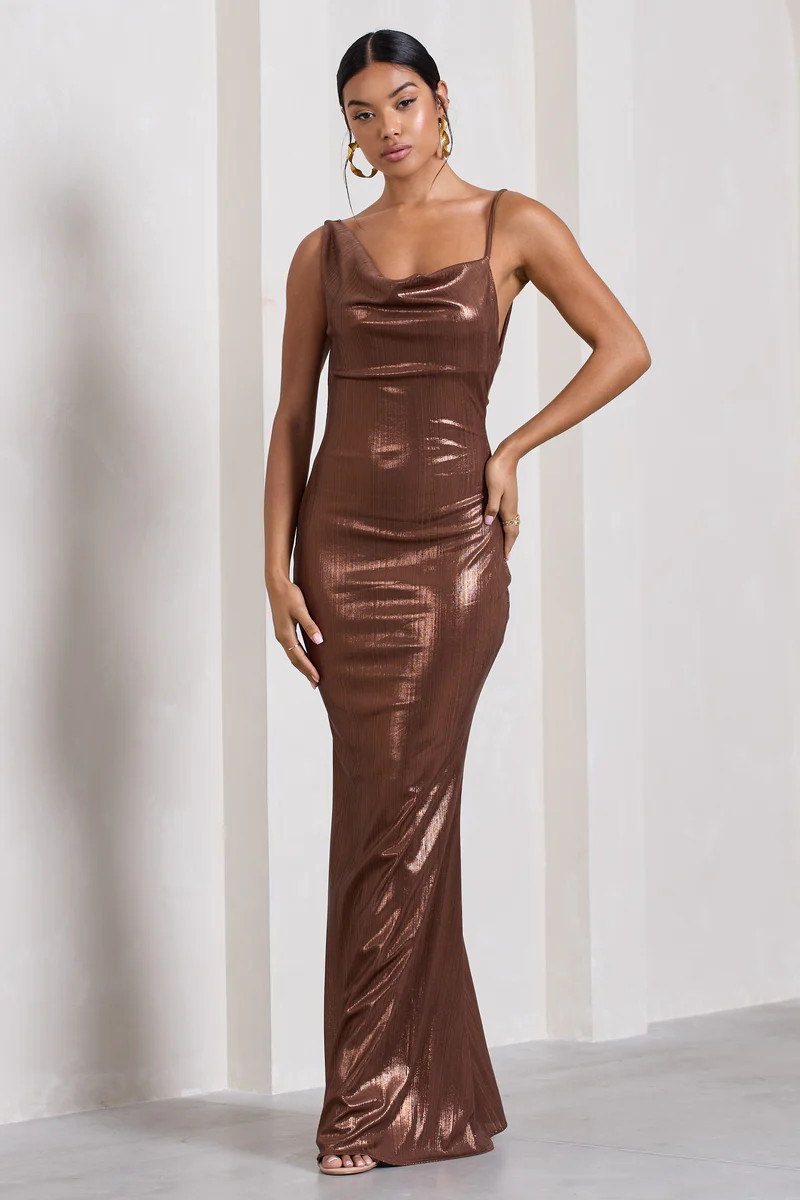 Galaxy Shimmer | Bronze Bias Cut Cowl Front Maxi Dress | Club L London