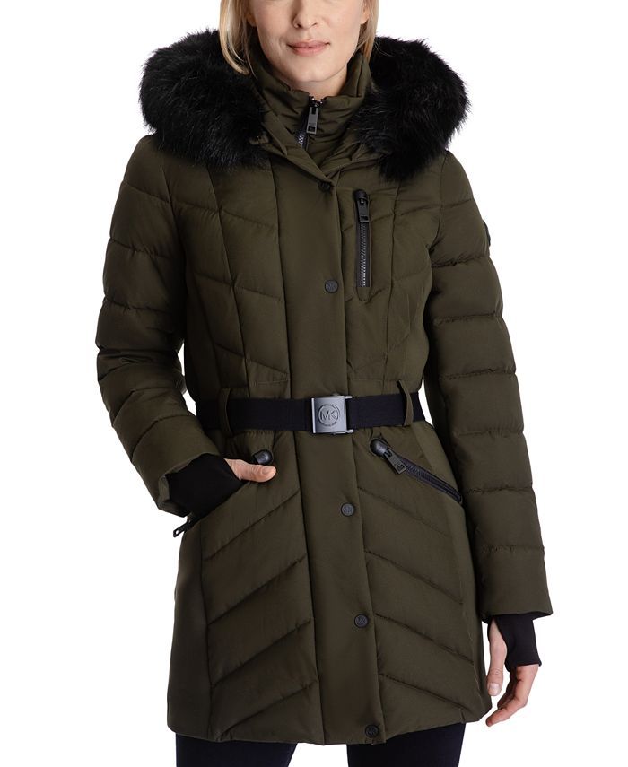 Michael Kors Petite Belted Faux-Fur-Trim Hooded Puffer Coat, Created for Macy's & Reviews - Coats... | Macys (US)