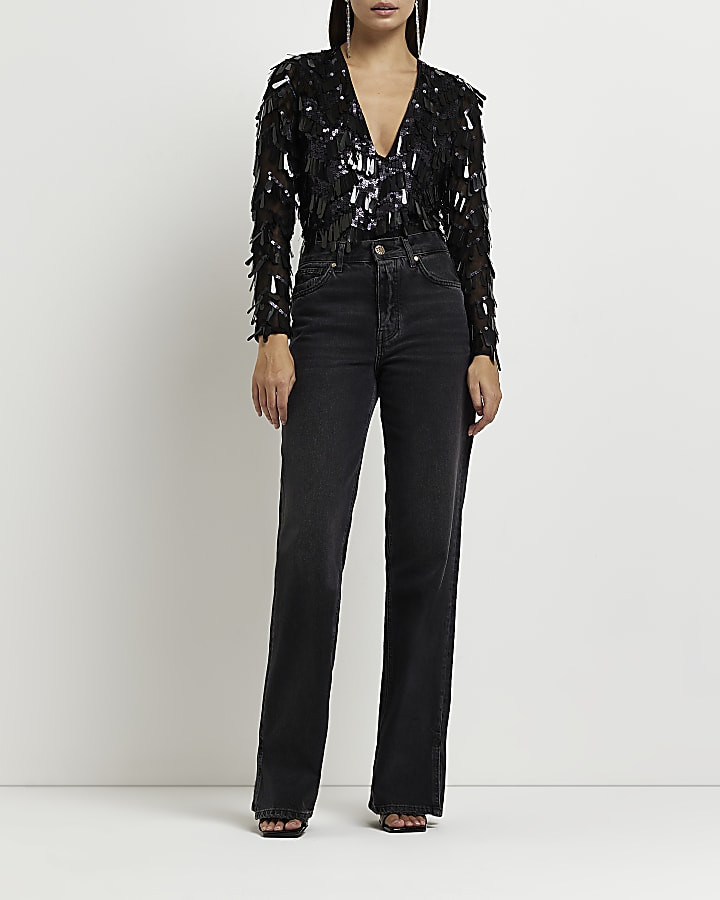 Black sequin wrap long sleeve bodysuit | River Island (US)