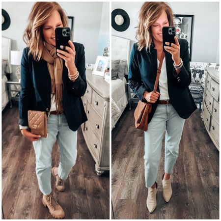 I am LOVING 🥰 this Navy blazer from Old Navy from the work wear line. It has stretch, I’m loving the collar and it’s so cute with jeans or dress pants. I styled it with a white v neck tee and mid-rise boyfriend straight raw hem jeans. One outfit with booties, the other with lug bottom combat boots and a taupe pashmina

Business casual, blazer outfit, casual dinner outfit, gap factory, old navy, sale, amazon accessories, amazon finds, work outfit, Valentine’s Day 

#LTKunder50 #LTKsalealert #LTKworkwear