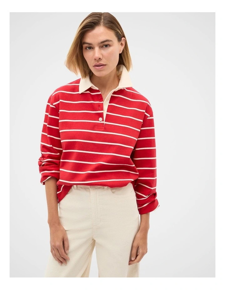 Seed HeritageRelaxed Cotton Rugby Polo Top in Poppy Stripe | Myer