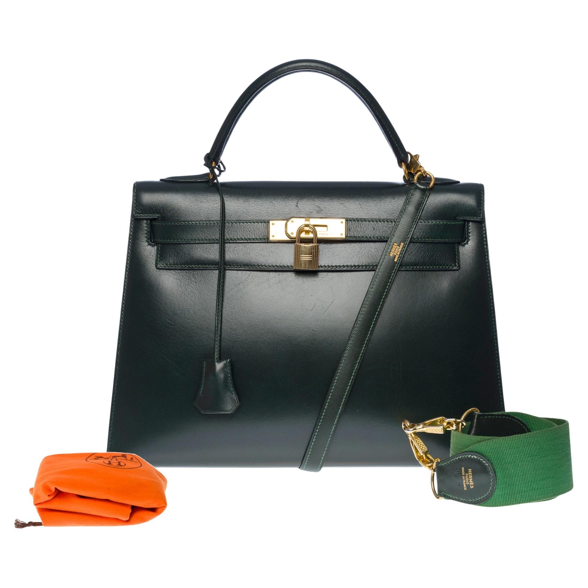 Rare Hermès Kelly 32 sellier handbag double straps in green box calf leather, GHW | 1stDibs