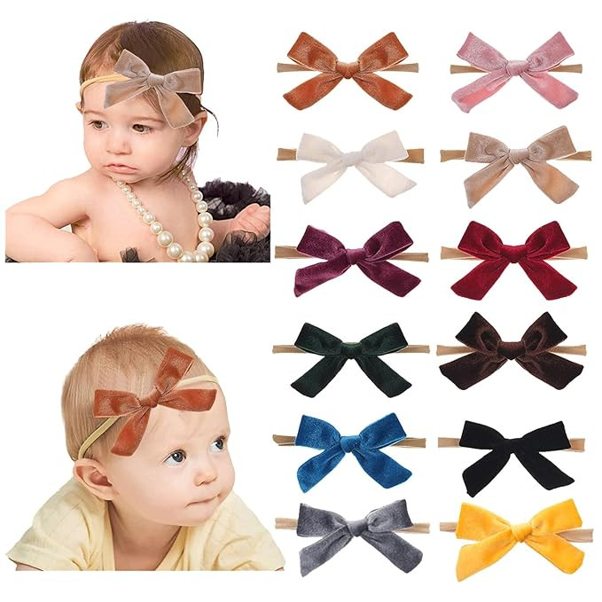 Baby Girl Velvet Bow Nylon Headband, Tiny Bow Hair Bands, Velour Head Wrap 12pcs for Newborn Infa... | Amazon (US)