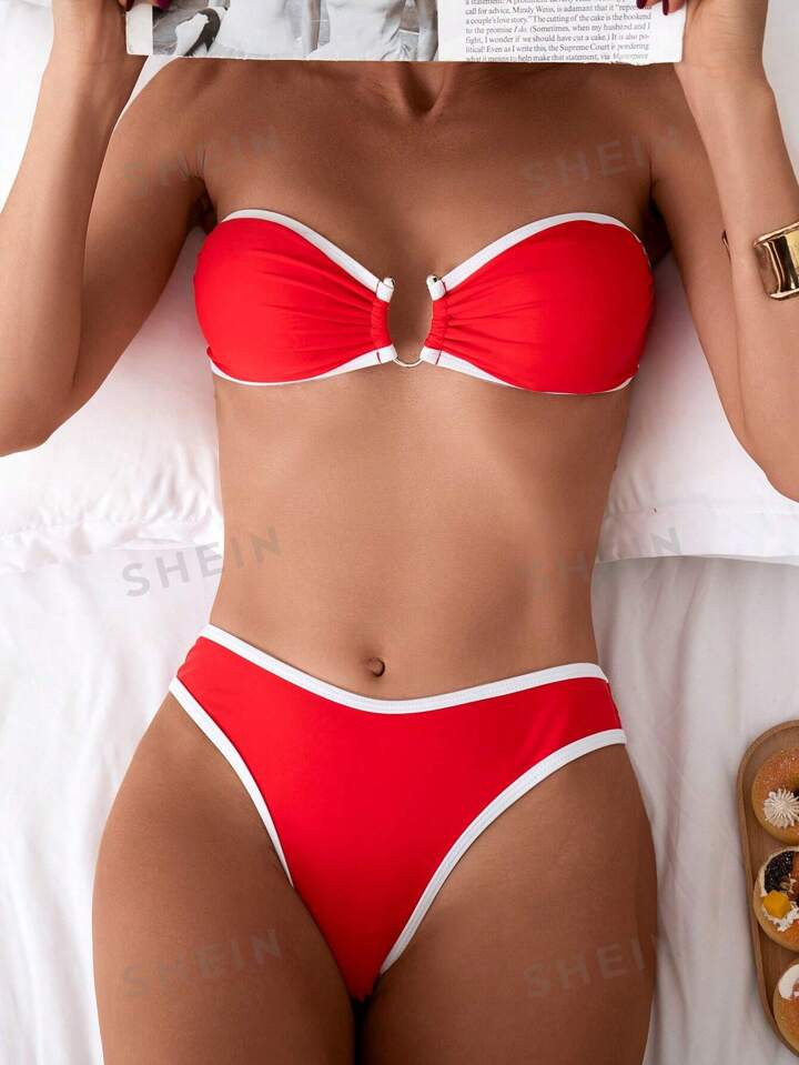 SHEIN Swim Women Vacation Package Edge Round Ring Connection Strapless Sexy Fashion Bikini Separa... | SHEIN