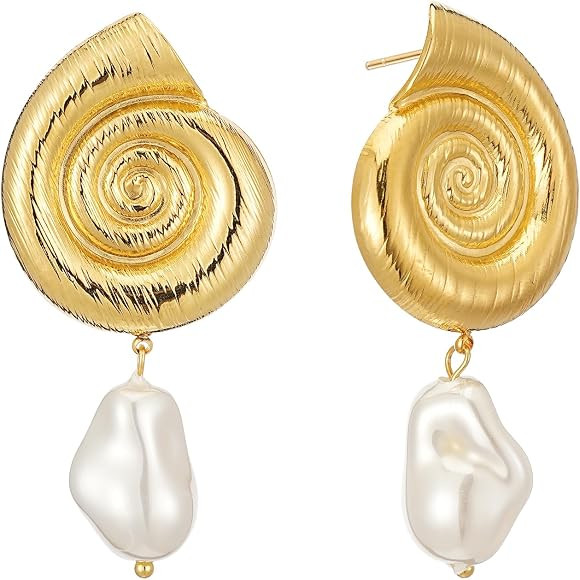 Gold Pearl Statement Earring for Women Trendy 18K Gold Plated Pearl Drop Dangle Earrings 925 Ster... | Amazon (US)