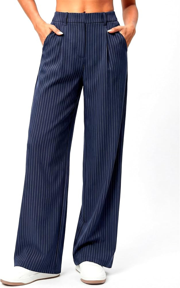 Women's High Waisted Pinstripe Wide Leg Pants, Flowy & Stretchy Dress Pants, Casual Work Trousers... | Amazon (US)