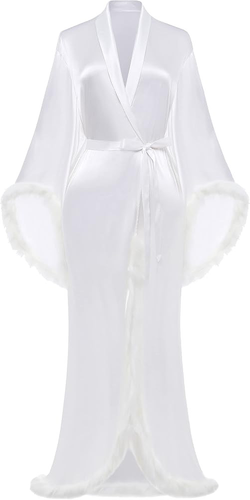 PRODESIGN Satin Robe for Women – Fluffy Fur Seam Long Bath Robe with Collar Bridesmaid Loungewe... | Amazon (US)