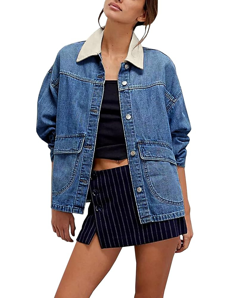 Lumister Women's Oversized Denim Jacket with Contrast Trim Long Sleeve Button Down Jean Coat with... | Amazon (US)