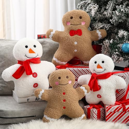 FuWeave 4 Pcs Christmas Pillows Gingerbread Man Snowman Throw Pillows Stuffed Snowman Gingerbread Shaped Pillow Cute Decorative Pillow for Christmas Party Home Cushion Bed Decorations | Amazon (US)