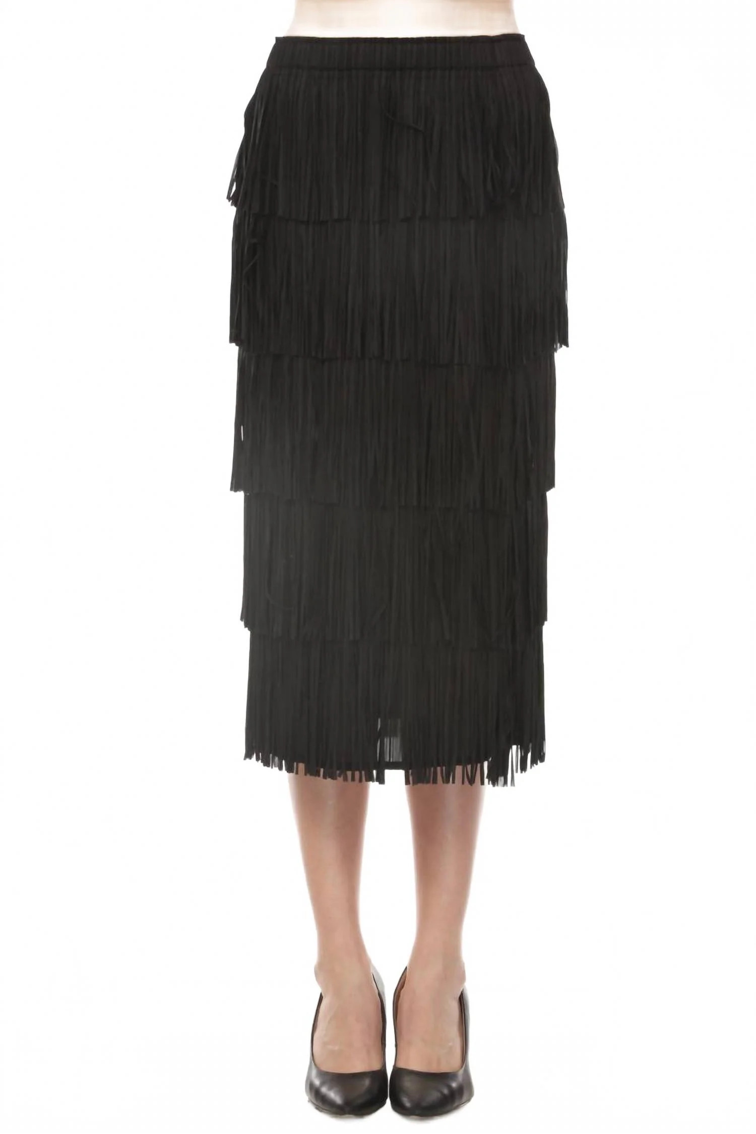 Tiered Fringe Midi Skirt In Black | Shop Simon