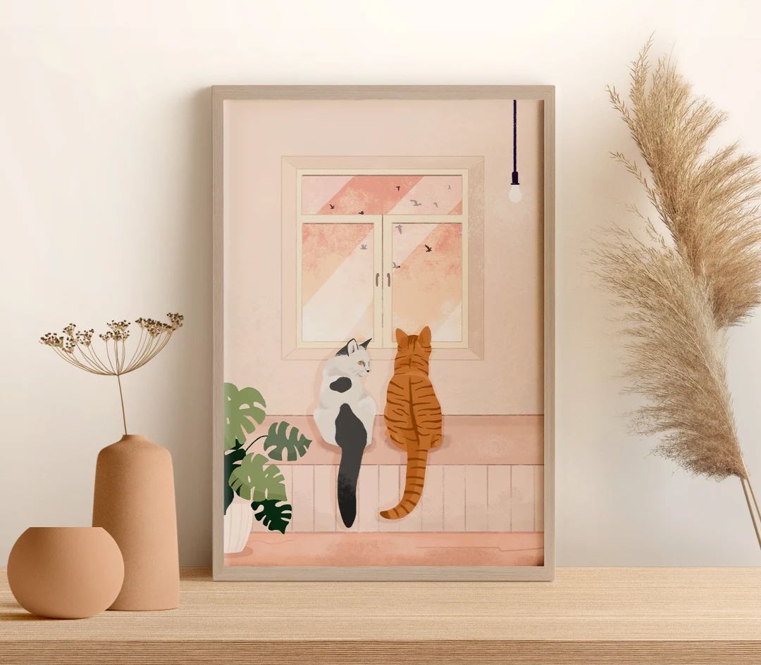 Personalised Cat Portrait Print (A4, A3, A2, 5x7), Beautiful Wall Art of Cats Looking at Birds Ou... | Etsy (US)