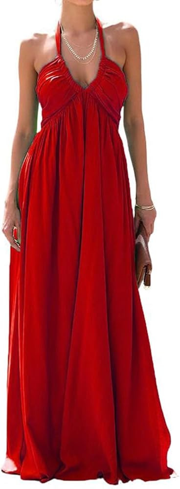 chouyatou Women's Summer Sexy Halter Neck Maxi Smocked Dress Empire Waist Swing Flowy Beach Sundr... | Amazon (US)