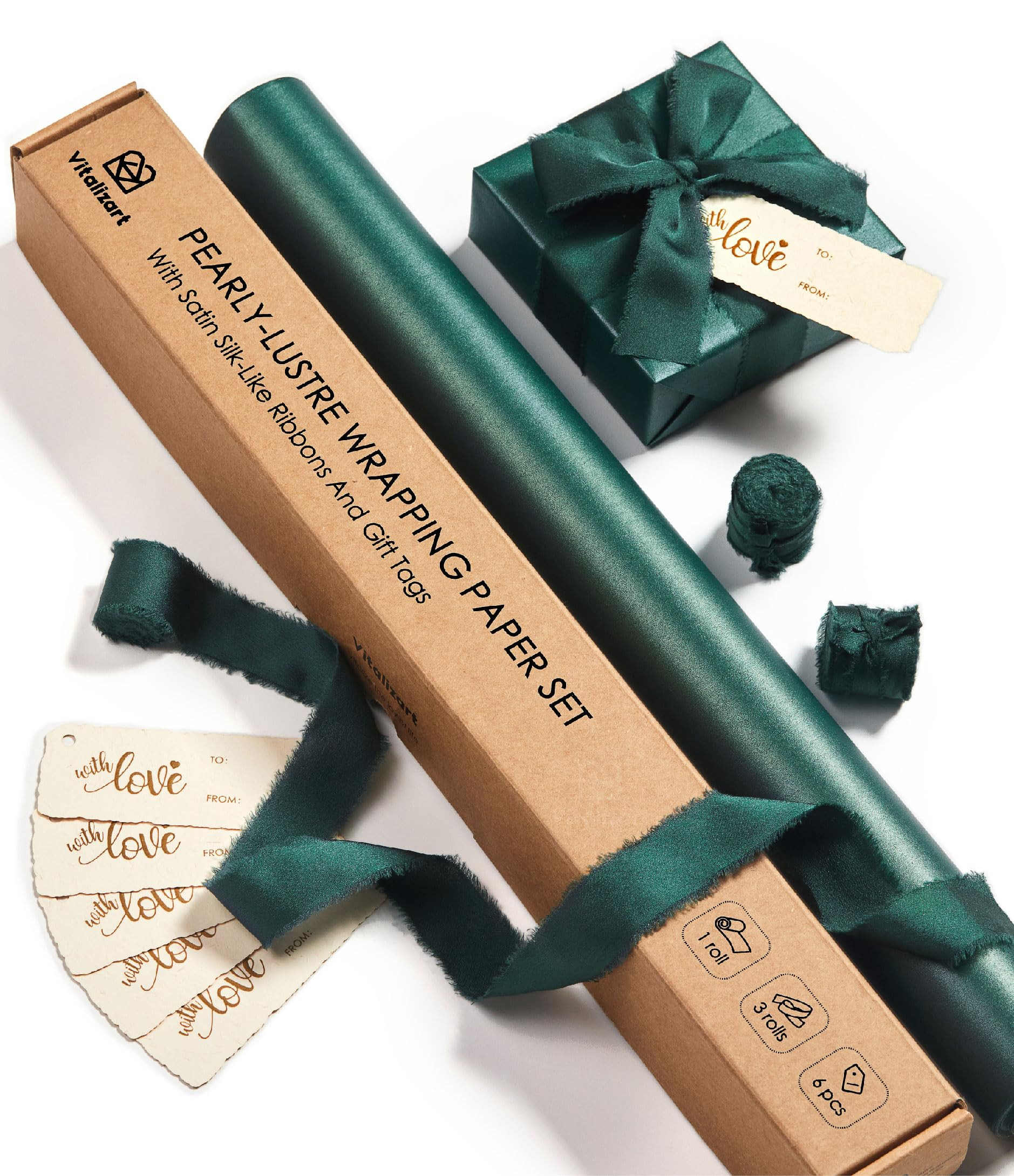 Vitalizart Green Wrapping Paper Set 17" Pearly-Lustre With Silk Like Satin Ribbon & Gift Tags Rec... | Amazon (US)
