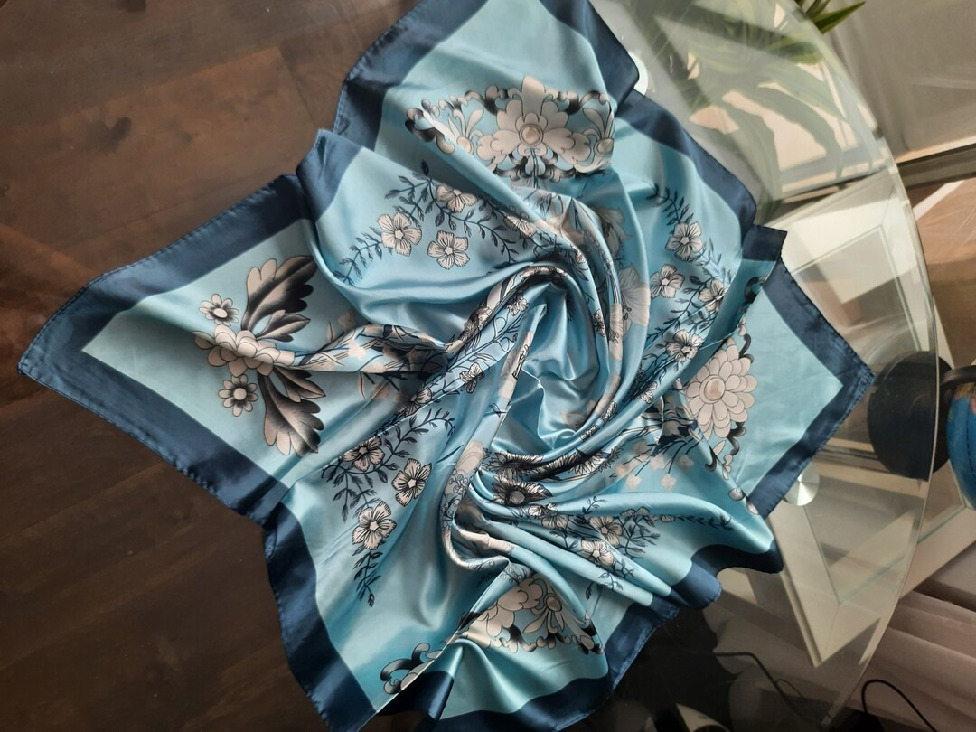 SALE Baby Blue Teal White Floral Scarf Satin Silk Wrap Band Gift for Her - Etsy UK | Etsy (UK)