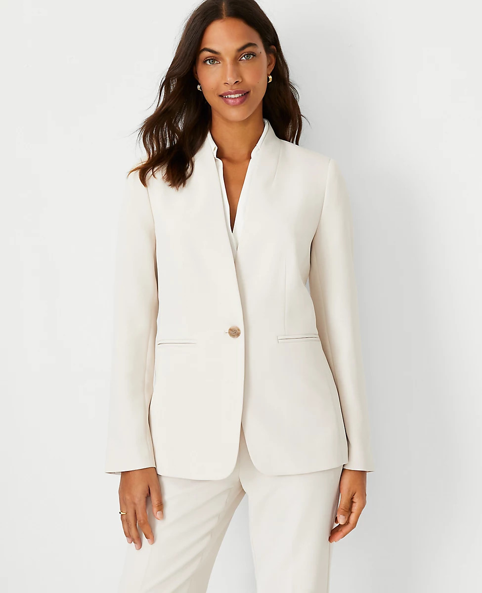 The Petite Long Collarless Blazer in Fluid Crepe | Ann Taylor