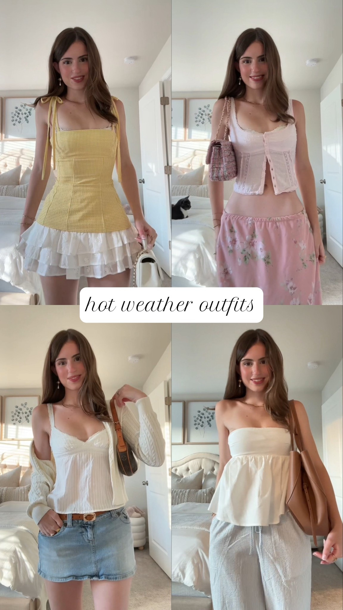 Outfit details 
Outfit 1: top is Zara— LTK won’t let me link Zara I’m not sure why, skirt is from majorelle (last year) 
Outfit 2: top linked, skirt is thrifted!
Outfit 3: top linked, cardi linked similar, skirt is vintage guess from Depop
Outfit 4: top linked, pants are from cotton candy LA , tote is from Polene 