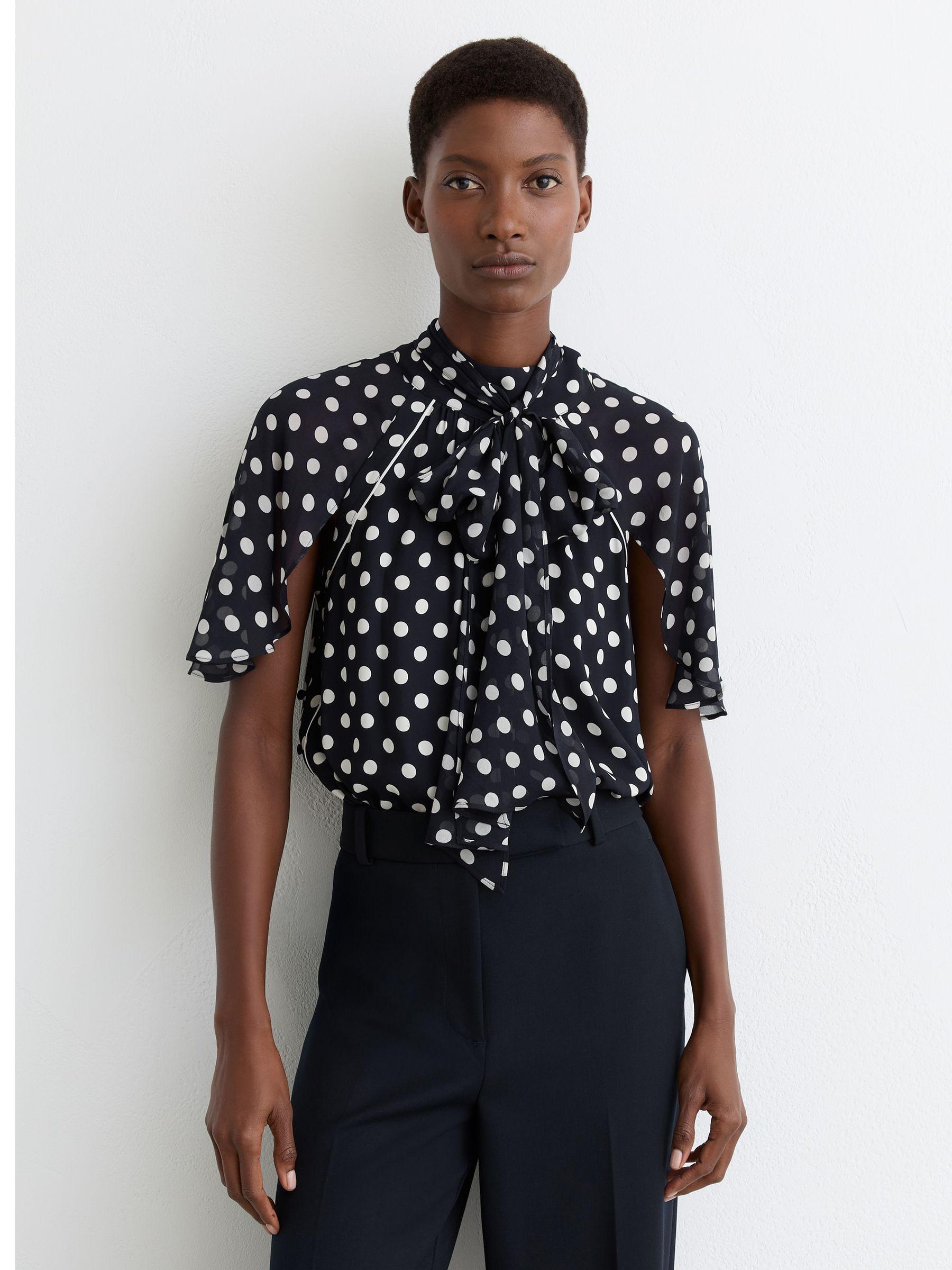 Polka-Dot Tie-Neck Blouse in Navy/Ivory | Reiss US