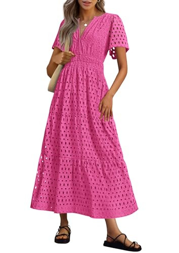 PRETTYGARDEN Womens 2025 Summer Maxi Dress Short Sleeve V Neck Hollow Out Eyelet A Line Long Flow... | Amazon (US)