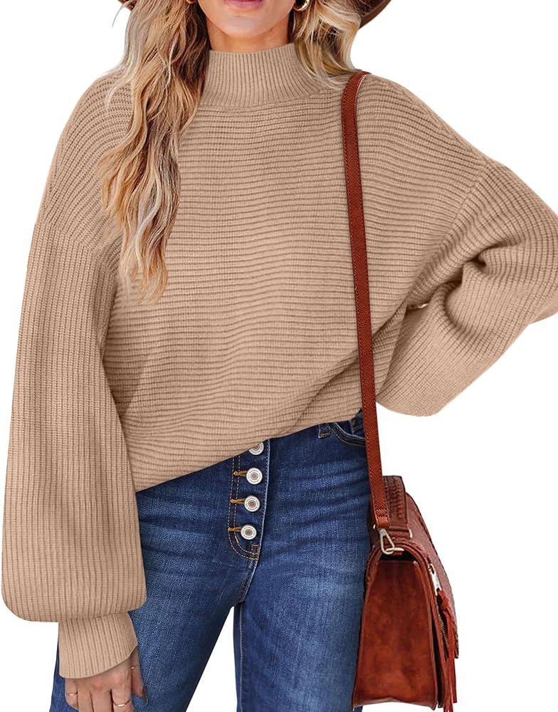 Women's Sweaters Turtleneck Lantern Sleeve Oversized Ribbed Knit Fall Tops | Amazon (US)