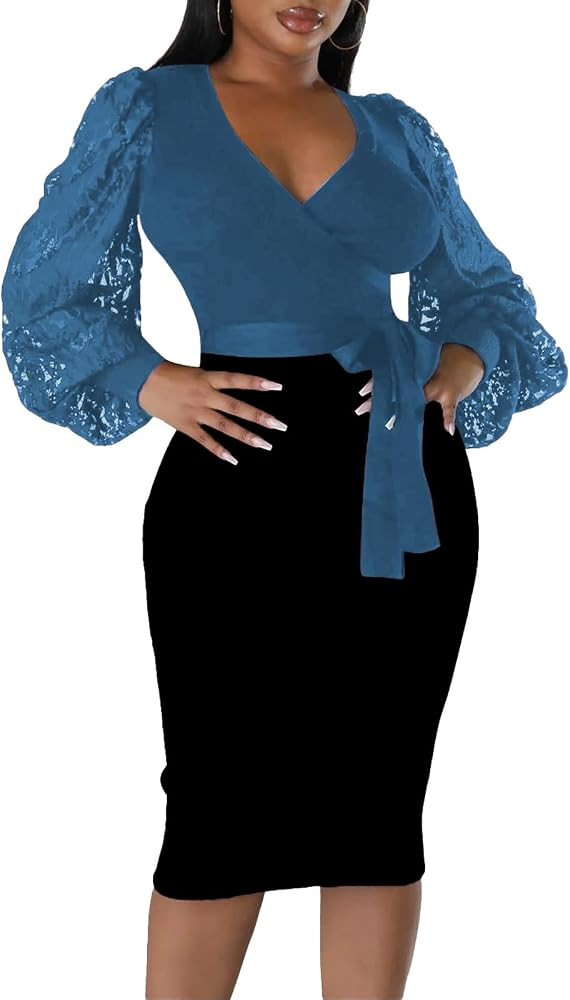 BOGURST Semi Formal Church Dresses for Women Bishop Sleeve Sexy V Neck Bodycon Midi Dresses | Amazon (US)