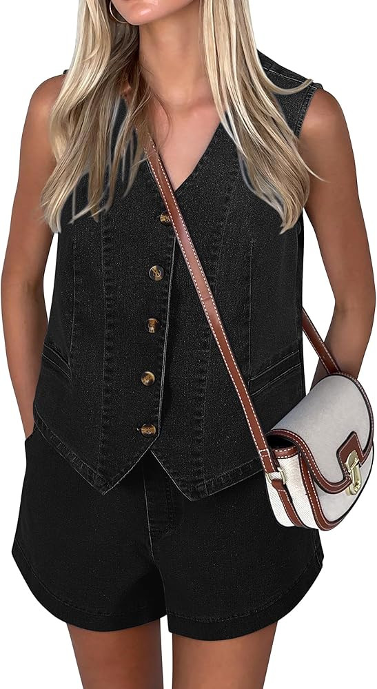 Denim 2 Piece Sets for Women Denim Outfit Matching Sets Jeans Shorts Sets Sleeveless Vest Two Pie... | Amazon (US)