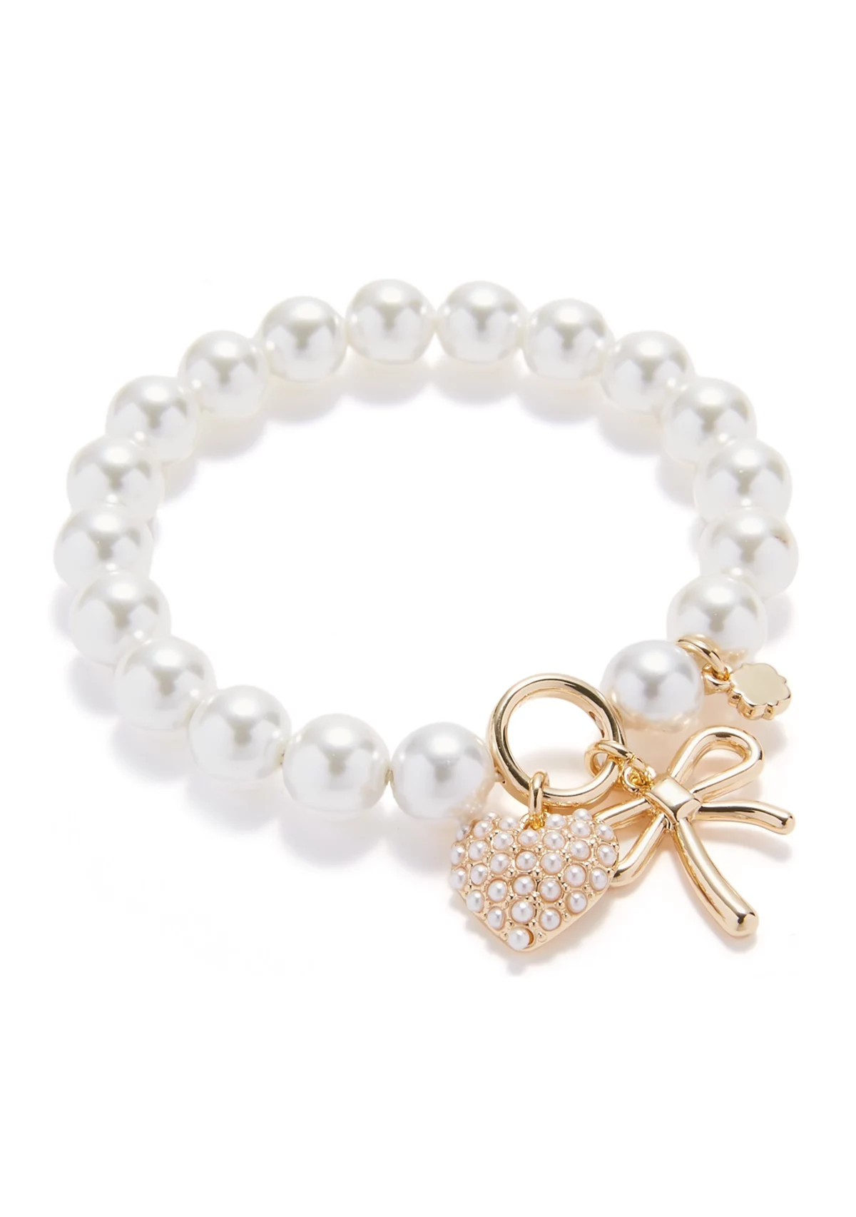 Crown & Ivy™White Pearl Heart Bow Charm Stretch Bracelet | Belk