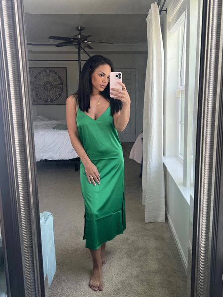 The most perfect green dress. It’s a silk lightweight material and I think it would be perfect for a wedding guest dress. I am wearing a small and it’s definitely true to size. Comes in other colors too 

#LTKSeasonal #LTKwedding #LTKunder50