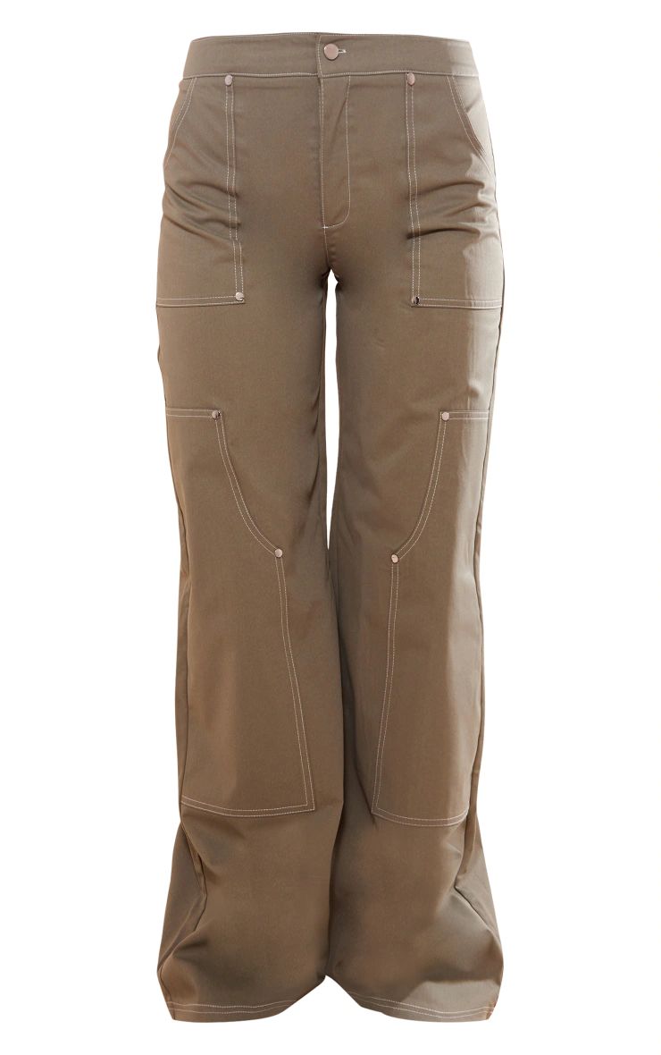 Khaki Twill Contrast Seam Straight Leg Cargo Pants | PrettyLittleThing US