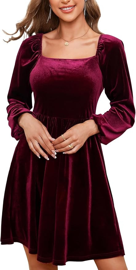 MSBASIC Velvet Dress for Women Long Puff Sleeve Square Neck Elegant Cocktail Dresses | Amazon (US)
