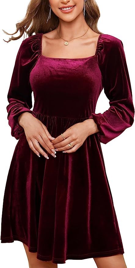 MSBASIC Velvet Dress for Women Long Puff Sleeve Square Neck Elegant Cocktail Dresses | Amazon (US)
