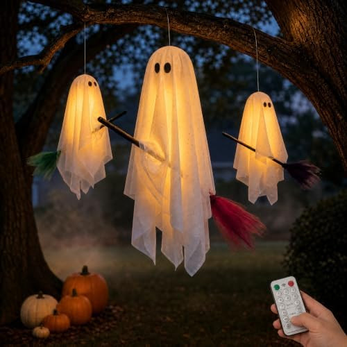 Halloween Decorations Outdoor, 3 Pack Hanging Light Up Ghosts on Brooms | Amazon (US)