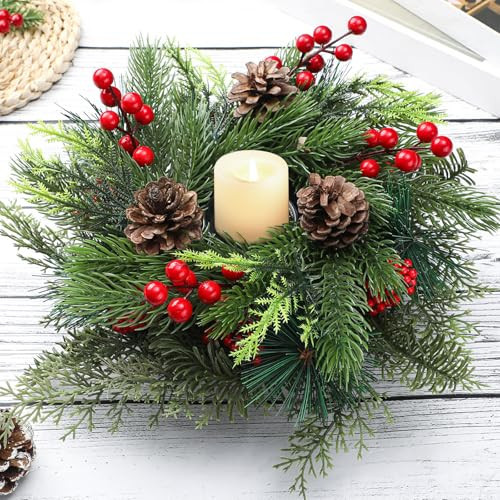 Mumufy Christmas Centerpiece Candle Holder 12 Inch Artificial Mini Tabletop Decoration Candle Holder with Pine Cones Artificial Pine Branches Red Berry 1 Candle Holders for Festival Home Decoration | Amazon (US)