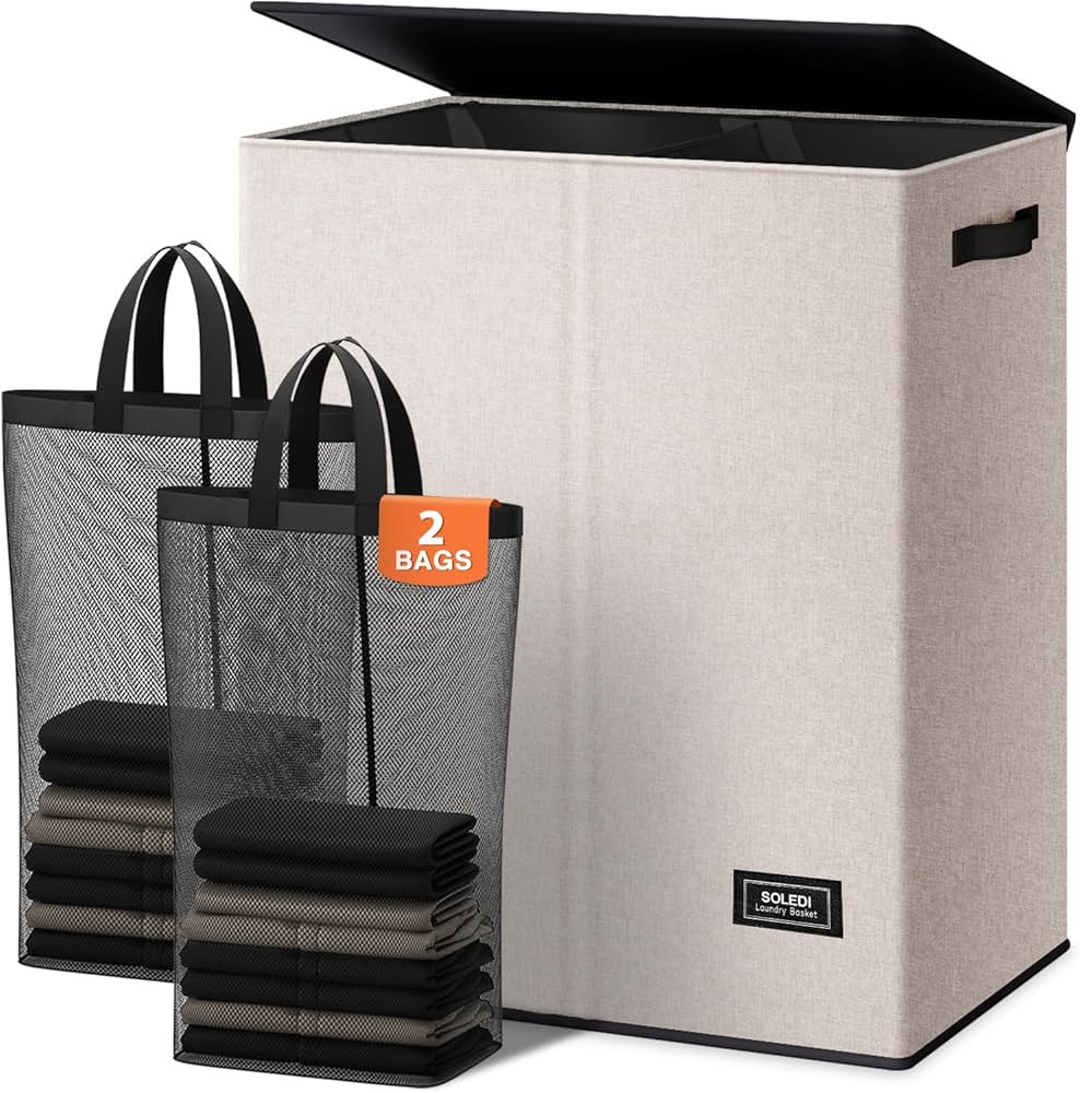 SOLEDI Large Double Laundry Hamper with Lid, Collapsible Clothes Hamper 2 section with Removable ... | Amazon (US)