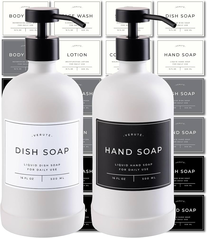 Hand and Dish Soap Dispenser for Kitchen and Bathroom, Set of 2 16 Oz Glass Bottles, Stainless St... | Amazon (US)
