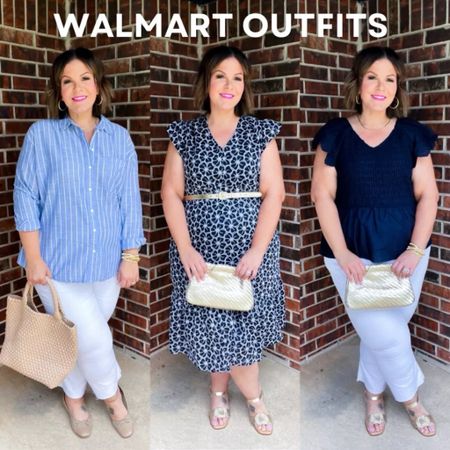 Curvy Walmart outfits! These blue and white spring outfits are all super affordable and easy to wear. The middle eyelet dress is a perfect wedding guest dress! From L to R: Striped button up XL, white jeans 20, dress XL, navy peplum top XXL plus size outfits, Walmart outfits
5/9

#LTKSeasonal #LTKplussize #LTKstyletip