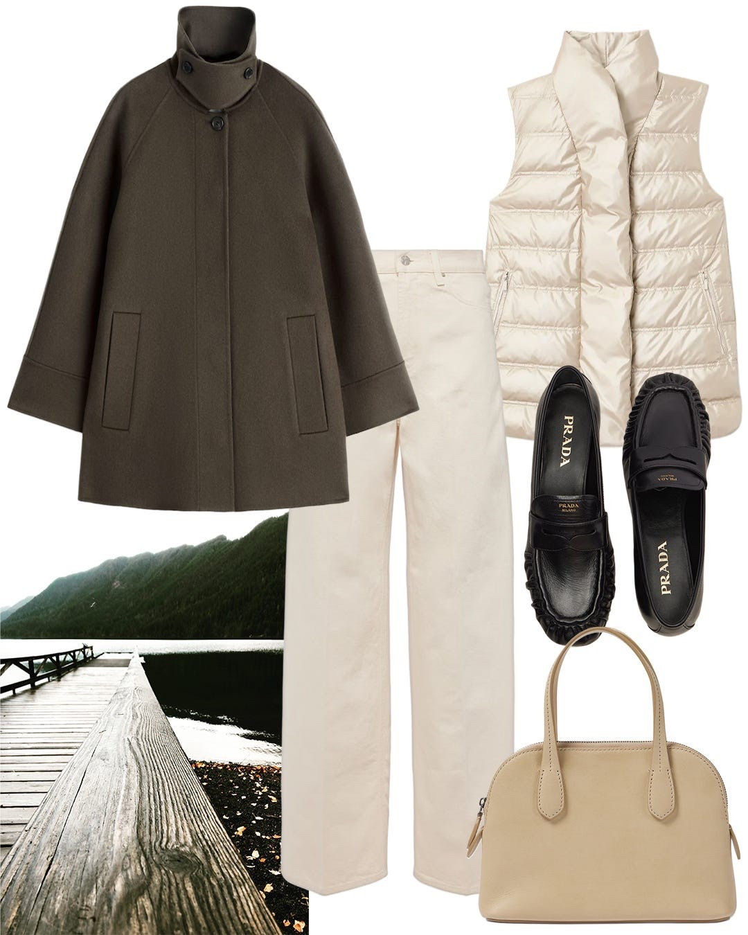 JANUARY STYLE WITH WHITE DENIM:
MIX NEUTRALS: Using natural denim as the base, coordinate with a range of neutrals. They don’t need to match and can create a more interesting look mixed together. The pieces above all have weight on their own and should be considered closet essentials for their usefulness and beauty. A reversible pearlized puffer vest elevates practical tech gear and layers nicely under a double-faced wool coat. The sheen and texture make the entire outfit interesting and balance the similar qualities seen on a pair of leather ruched moccasin loafers. The wool coat’s muddy tone invites a second look followed by a closer study of the mock-neck details and clean silhouette. A light bag makes its presence felt again here. The Ingrid tote is a beauty.

#LTKSeasonal #LTKOver40