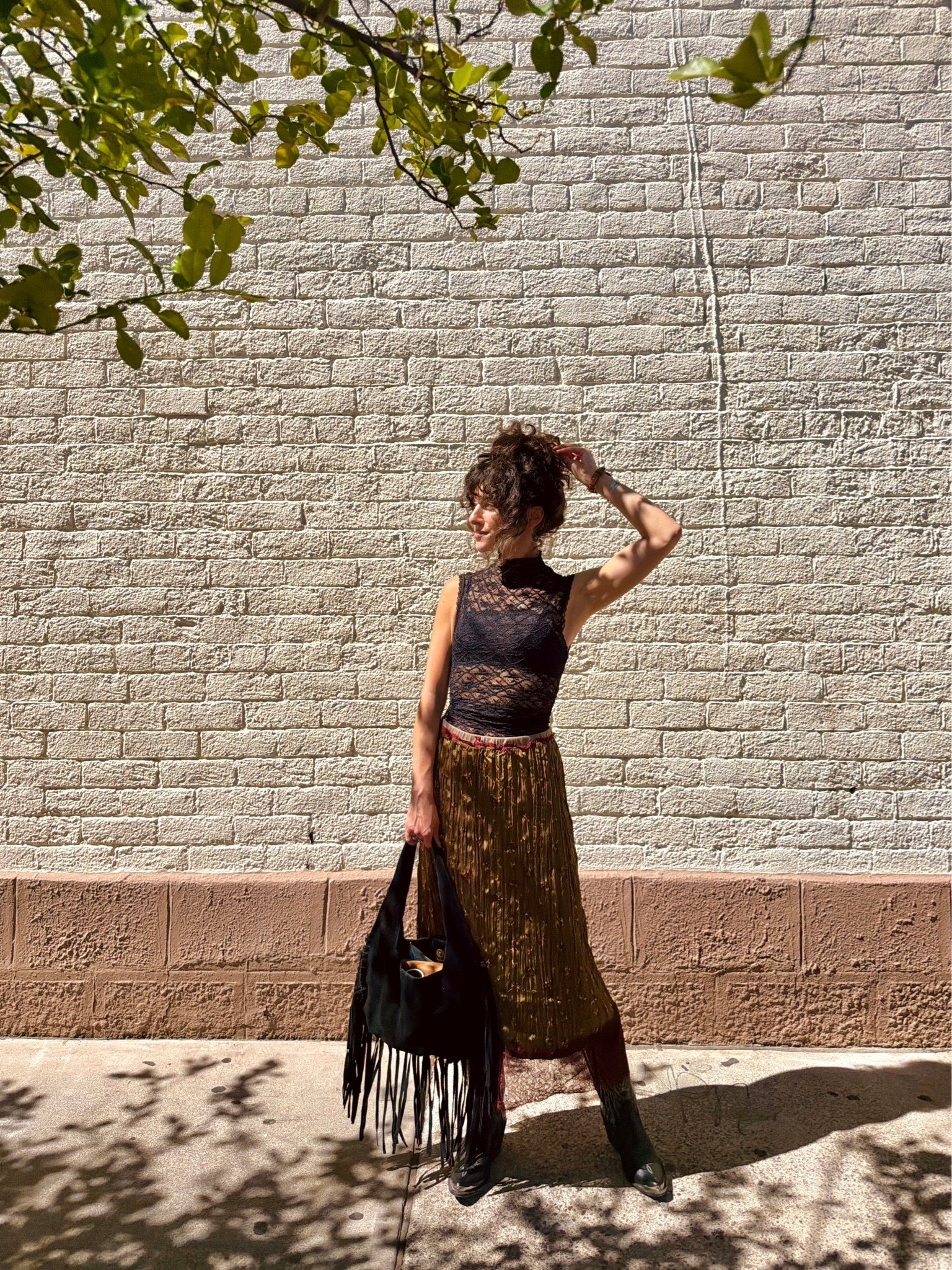 Summer to fall outfit ideas. This lace sleeveless mock neck tank is one of my faves. I have it in multiple colors. Pretty column skirt too.