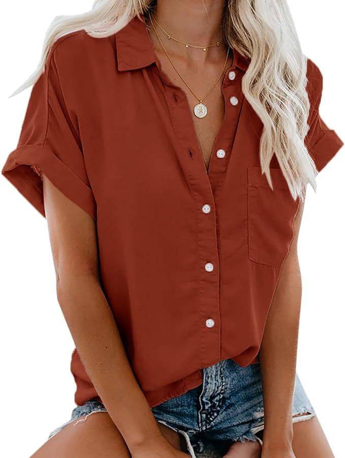 Beautife Womens Short Sleeve Shirts V Neck Collared Button Down Shirt Tops with Pockets | Amazon (US)