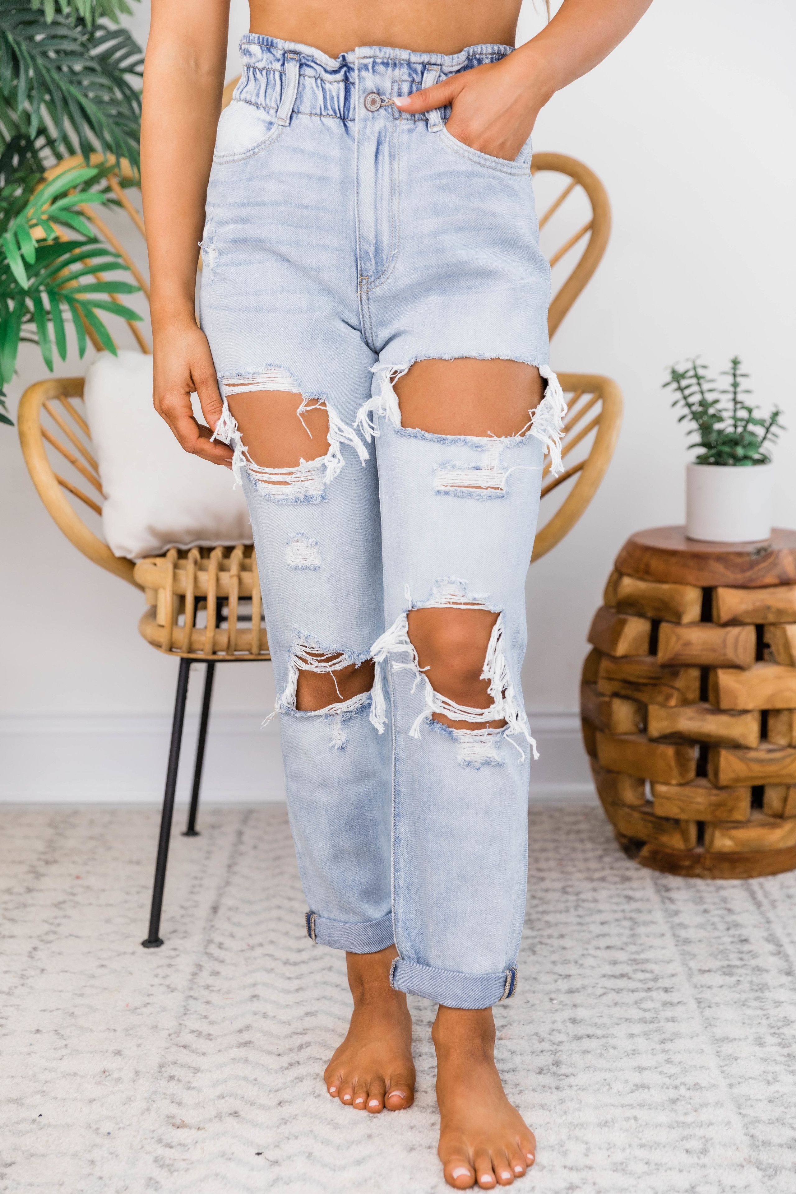 Kristen Paperbag Waist Distressed Mom Jeans | The Pink Lily Boutique