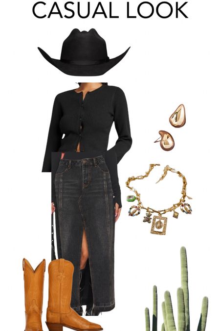 Casual chic look
Denim maxi skirt
Black sweater
Black cattlemen western hat
Brown cowgirl boots
Charm necklace
Gold jewelry

#LTKshoecrush #LTKover40 #LTKstyletip
