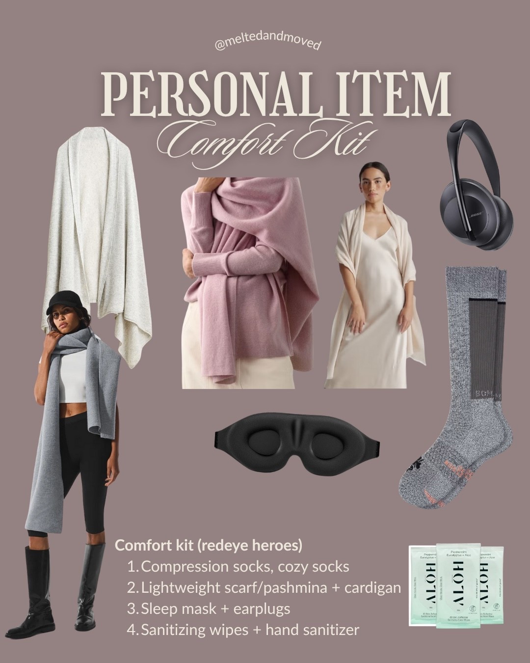 Personal item: Comfort Kit 
My go-to kit for red-eyes and long hauls — cozy socks, cashmere wrap, and a sleep mask that actually works.
#personalitem #packing #eyemask 

#LTKStyleTip #LTKTravel