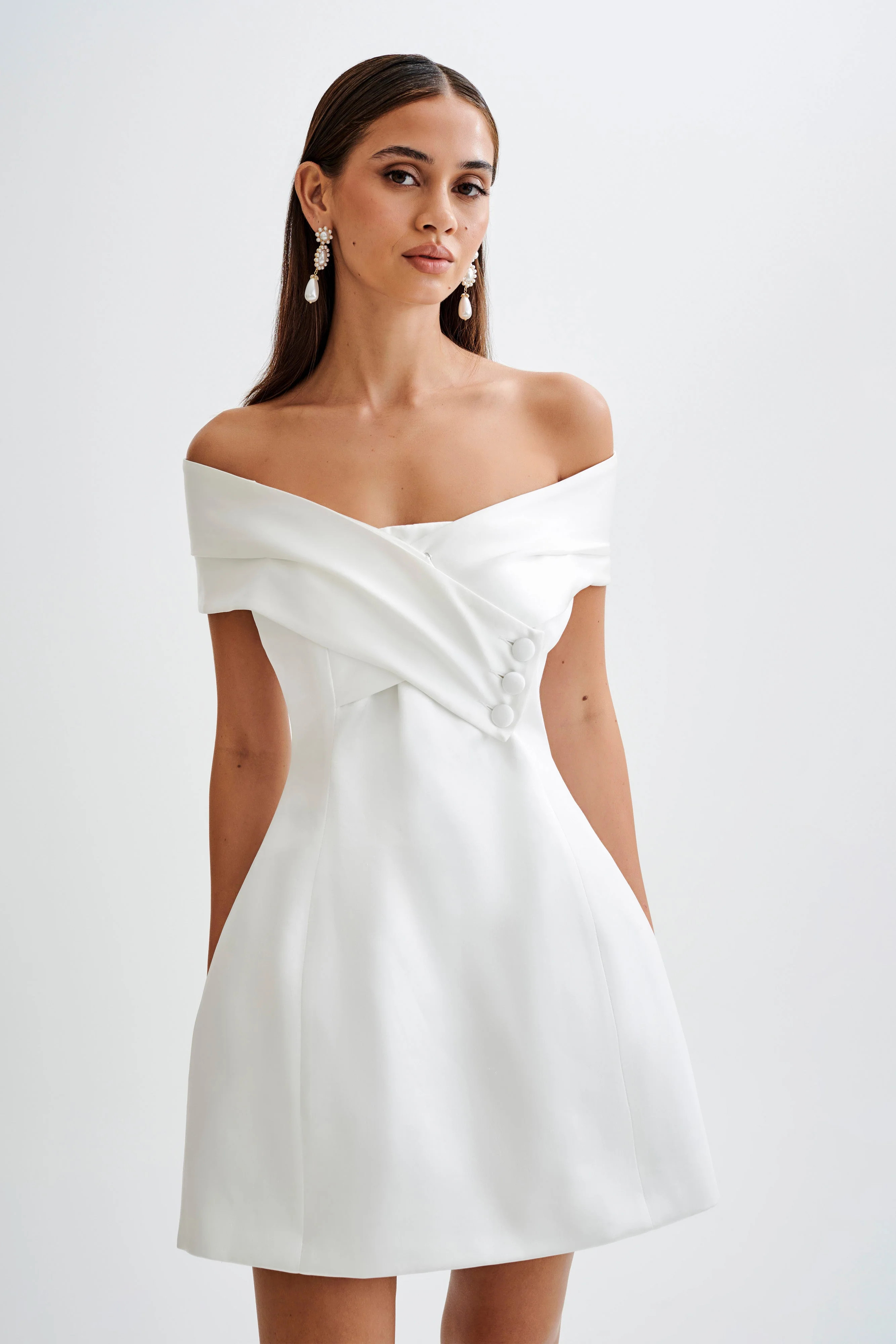 Evita Satin Off Shoulder Mini Dress - White | MESHKI US