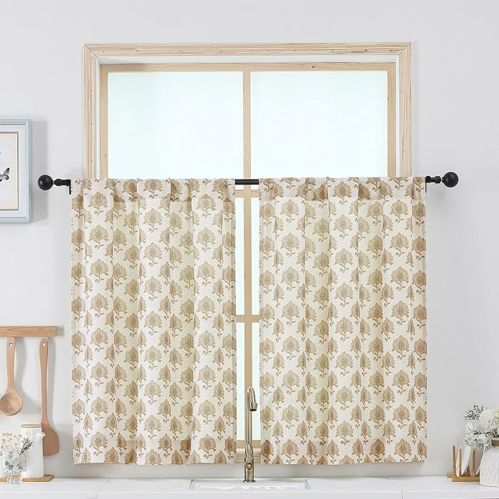 Floral Short Kitchen Curtains 36 Inch Length - Light Filtering Faux Linen Living Room Half Window... | Amazon (US)