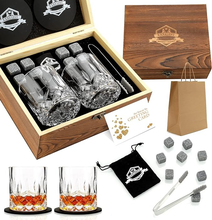 Whiskey Stones Gift Set - Whiskey Glass Set of 2 - Granite Chilling Whiskey Rocks - Scotch Bourbo... | Amazon (US)