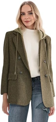 Mina Self 2025 Women's Fall Hooded Blazer Jacket - Double-Breasted Oversize Loose Fully-Lined Wor... | Amazon (US)